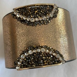 Gold Leather Rhinestone Cuff Bracelet with Swarovski Crystal